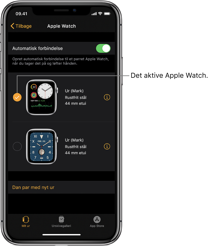 Et hak viser det aktive Apple Watch.