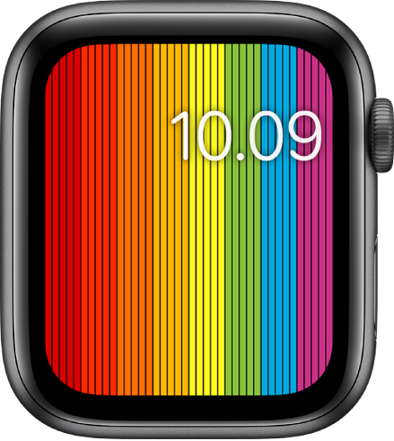 Urskiven Pride Digital, der viser lodrette regnbuestriber med klokkeslæt øverst til højre.