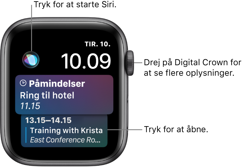 Urskiven Siri, der viser en påmindelse og en kalenderbegivenhed. Øverst til venstre på skærmen ses knappen Siri. Datoen og klokkeslættet findes øverst til højre.