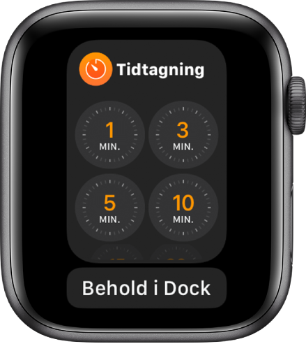 Skærmen til appen Tidtager i Dock med knappen Behold i Dock under den.