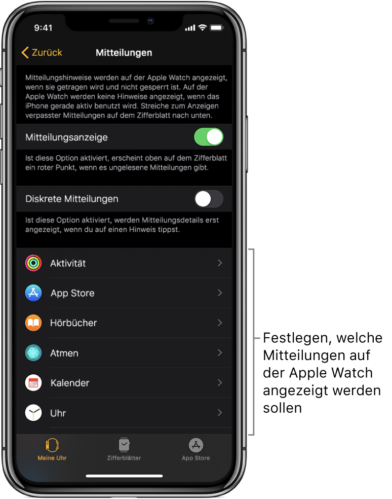 Der Bildschirm „Mitteilungen“ in der App „Apple Watch“ auf dem iPhone mit verschiedenen Quellen für Mitteilungen.
