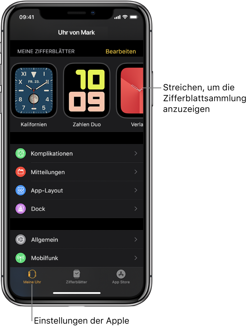 Die App „Apple Watch“ auf dem iPhone öffnet sich mit dem Bildschirm „Meine Uhr“, in dem oben deine Zifferblätter und unten die Einstellungen angezeigt werden. Unten in der App „Apple Watch“ sind drei Tasten: Links die Taste „Meine Uhr“, mit den Einstellungen für die Apple Watch, daneben die Zifferblattgalerie, in der du die verfügbaren Zifferblätter und Komplikationen durchsuchen kannst, rechts daneben der „App Store“, in dem du Apps für die Apple Watch laden kannst.