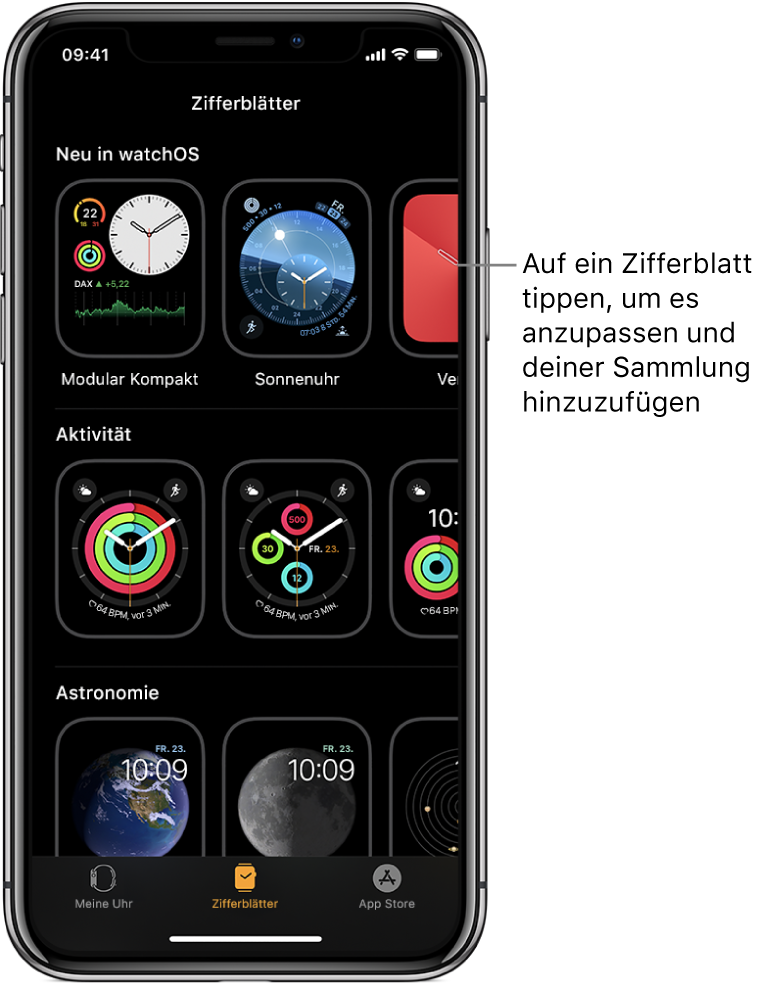 Die Zifferblattgalerie in der App „Apple Watch“. In der oberen Zeile befinden sich die neuen Zifferblätter, in den nächsten Zeilen sind die Zifferblätter nach Typ z. B. „Aktivität“ und „Astronomie“ gruppiert. Scrolle, um mehr Zifferblätter nach Typ sortiert anzuzeigen.