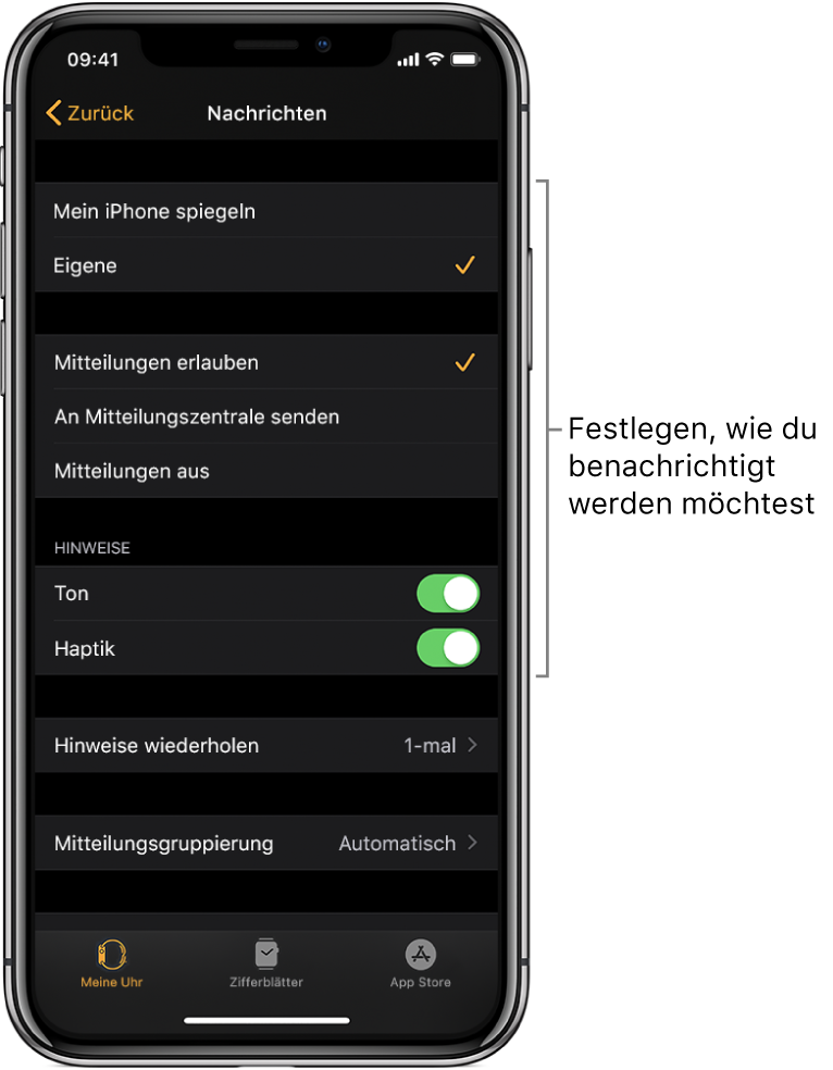 Einstellungen für „Nachrichten“ in der App „Apple Watch“ auf dem iPhone. Du kannst auswählen, ob Hinweise angezeigt werden sollen sowie den Ton oder die Haptik aktivieren und Hinweise wiederholen lassen.