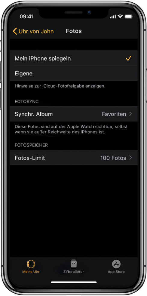 Einstellungen für „Fotos“ in der App „Apple Watch“ auf dem iPhone mit der Einstellung „Synchr. Album“ in der Mitte und der Einstellung „Fotos-Limit“ darunter.