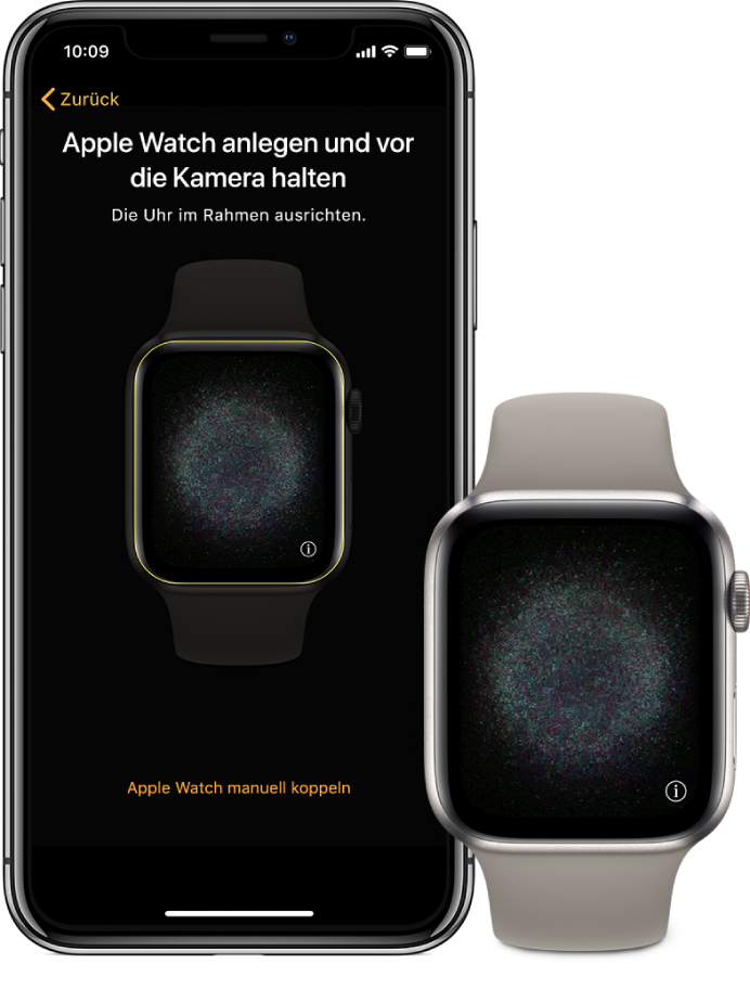 Ein iPhone neben einer Apple Watch. Auf dem Bildschirm des iPhone sind die Kopplungsanleitungen und ein Sucher mit der Apple Watch zu sehen. Auf dem Display der Apple Watch ist eine Illustration der Kopplung zu sehen.