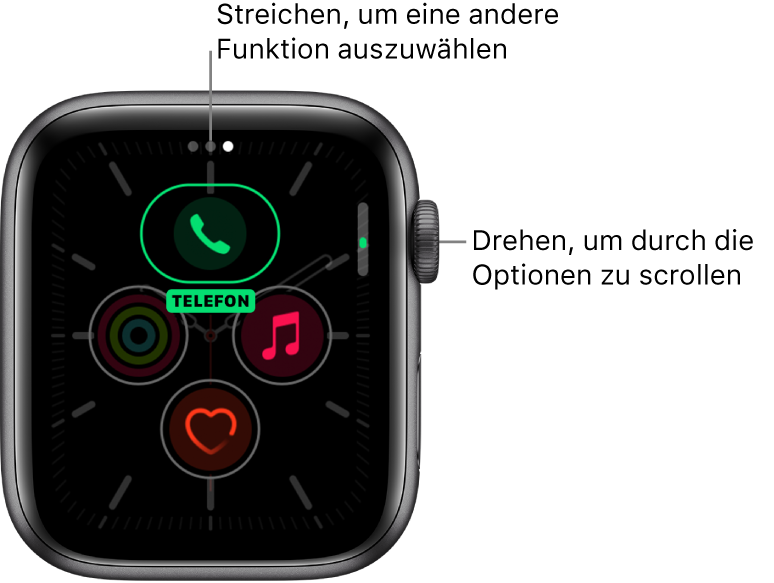 Der Bildschirm zur Anpassung des Zifferblatts „Meridian“ mit hervorgehobener iPhone-Komplikation. Drehe die Digital Crown, um die Optionen zu ändern.