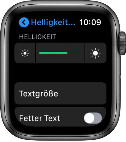 Helligkeitseinstellungen auf der Apple Watch mit dem Helligkeitsregler oben, der Taste „Textgröße“ darunter und der Steuerung „Fetter Text“ unten.