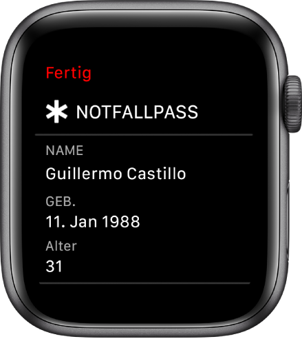 Der Bildschirm „Notfallpass“ mit dem Benutzernamen, Geburtsdatum und Alter.
