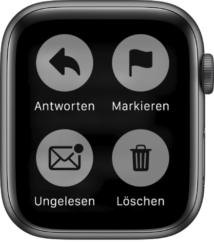 Wenn du auf das Display drückst, während auf der Apple Watch eine Nachricht angezeigt wird, erscheinen vier Tasten auf dem Bildschirm: Antworten, Markieren, Ungelesen und Löschen.