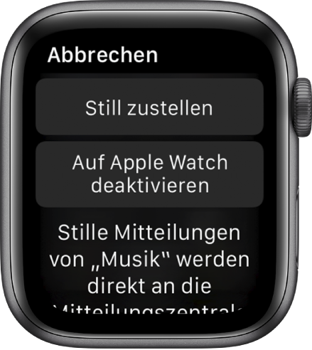 Einstellungen für Mitteilungen auf der Apple Watch. Die Taste „Still zustellen“ befindet sich oben und darunter befindet sich die Taste „Auf der Apple Watch deaktivieren“.