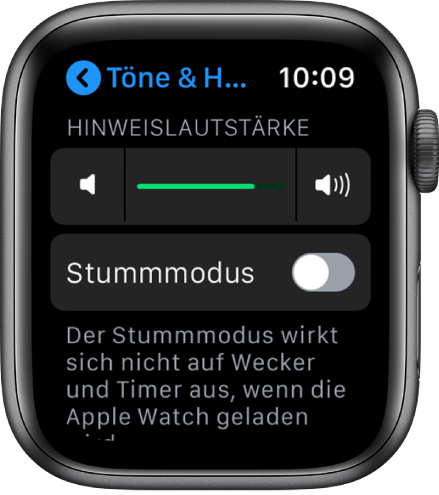 Die Einstellungen für „Töne & Haptik“ auf der Apple Watch mit dem Regler „Warnton-Lautstärke“ oben und der Taste „Stummmodus“ darunter.