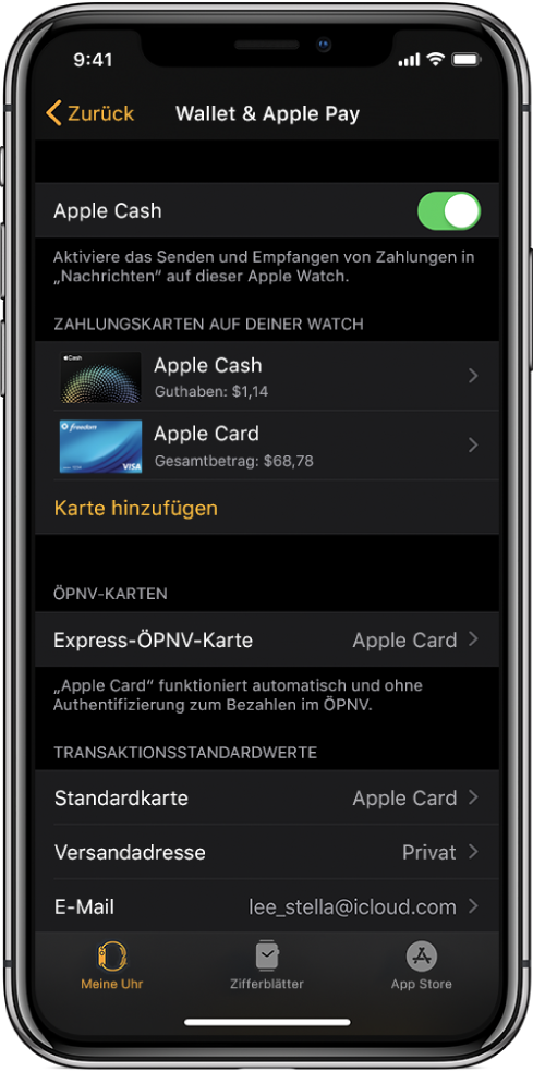 Bildschirm „Wallet & Apple Pay“ in der App „Apple Watch“ auf dem iPhone. Es werden die Karten angezeigt, die du zur Apple Watch hinzugefügt hast, sowie die Express-ÖPNV-Karten und die Standardeinstellungen für Transaktionen.