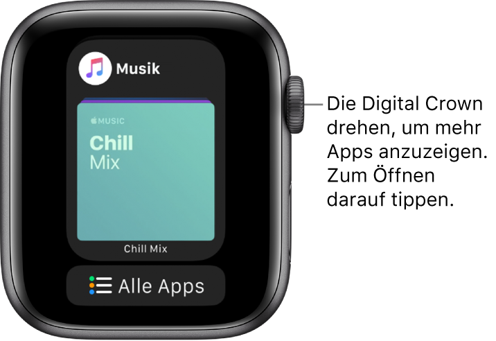 Dock mit der App „Musik“ und der Taste „Alle Apps“ darunter. Drehe die Digital Crown, um weitere Apps anzuzeigen. Tippe auf eine App, um sie zu öffnen.