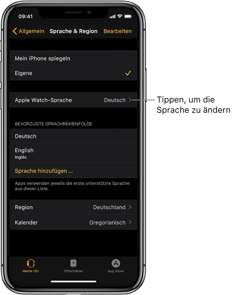 Der Bildschirm „Sprache & Region“ in der App „Apple Watch“ mit der Einstellung „Apple Watch-Sprache“ oben.
