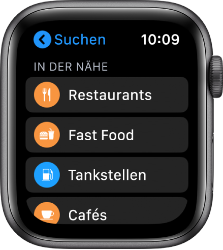 Die App „Karten“, die eine Liste von Kategorien anzeigt: Restaurants, Fast Food, Tankstellen, Cafés und mehr.