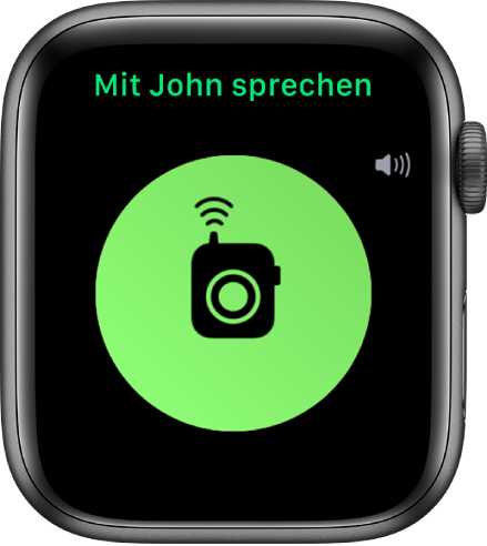 Der Bildschirm „Walkie-Talkie“ mit einer Taste „Reden“ in der Mitte, einer Lautstärkeanzeige oben rechts und der Option „Mit John sprechen“ oben.