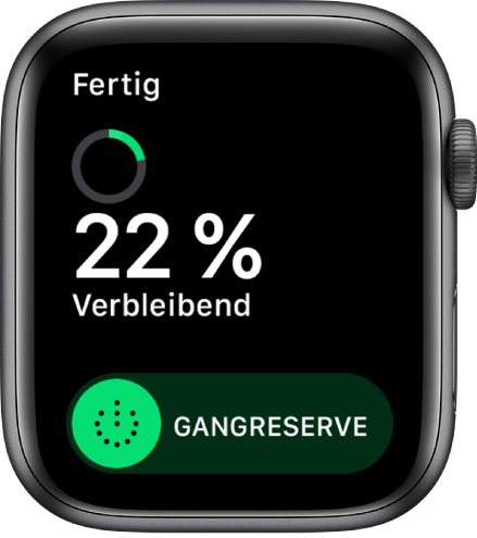 Der Bildschirm „Gangreserve“ mit der Taste „Fertig“ oben links, der verbleibenden Batterieladung in Prozent und dem Regler „Gangreserve“.