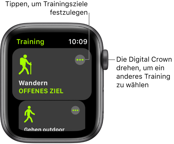 Die App „Training“ mit hervorgehobenem Wandertraining. Die Taste „Mehr“ befindet sich oben rechts. Ein Teil des Outdoor-Lauftrainings darunter.