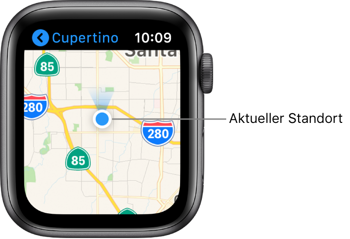 Die App „Karten“ zeigt eine Straßenkarte. Dein Standort wird als blauer Punkt auf der Karte angezeigt. Ein blauer Fächer über dem Standortpunkt gibt an, dass die Uhr nach Norden zeigt.