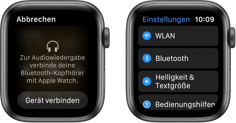 Wenn du als Audioquelle die Apple Watch wählst, bevor du Bluetooth-Lautsprecher oder -Kopfhörer gekoppelt hast, erscheint unten auf dem Display die Taste „Ein Gerät verbinden“, die die Bluetooth-Einstellungen auf deiner Apple Watch öffnet, wo du ein Audiogerät auswählen kannst.