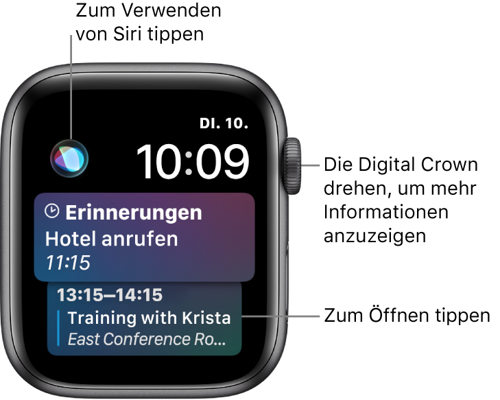 Das Siri-Zifferblatt mit einer Erinnerung sowie einem Kalenderereignis. Oben links befindet sich die Siri-Taste. Datum und Uhrzeit befinden sich oben rechts.