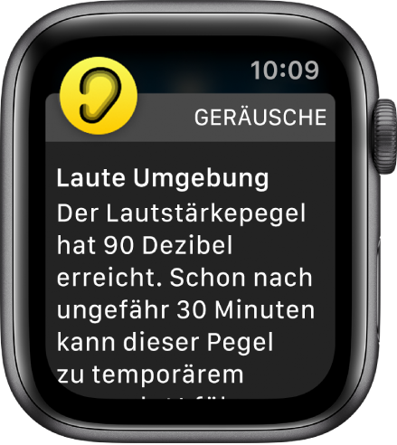 Apple Watch, auf der eine Geräuschpegelwarnung zu sehen ist Das Symbol für die App, zu der die Mitteilung gehört, wird oben links angezeigt. Du kannst darauf tippen, um sie in der App zu öffnen.