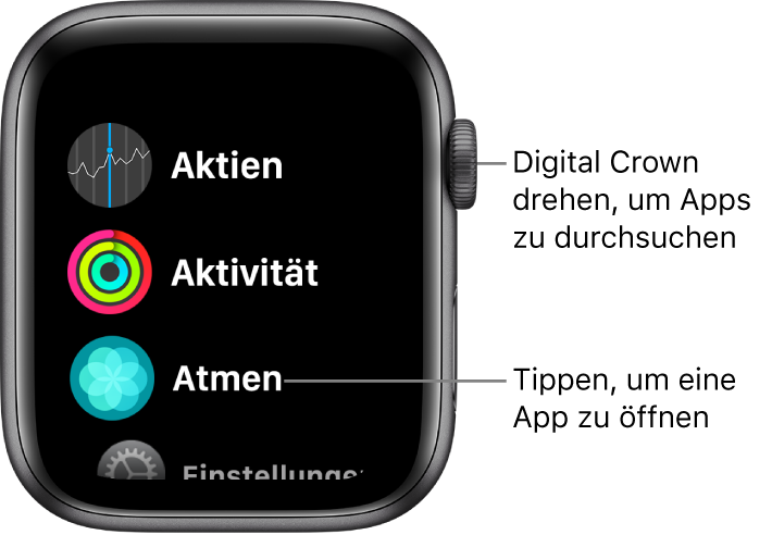 Home-Bildschirm in Listendarstellung auf der Apple Watch mit Apps in einer Liste. Tippe auf eine App, um sie zu öffnen. Scrolle, um mehr Apps anzuzeigen.