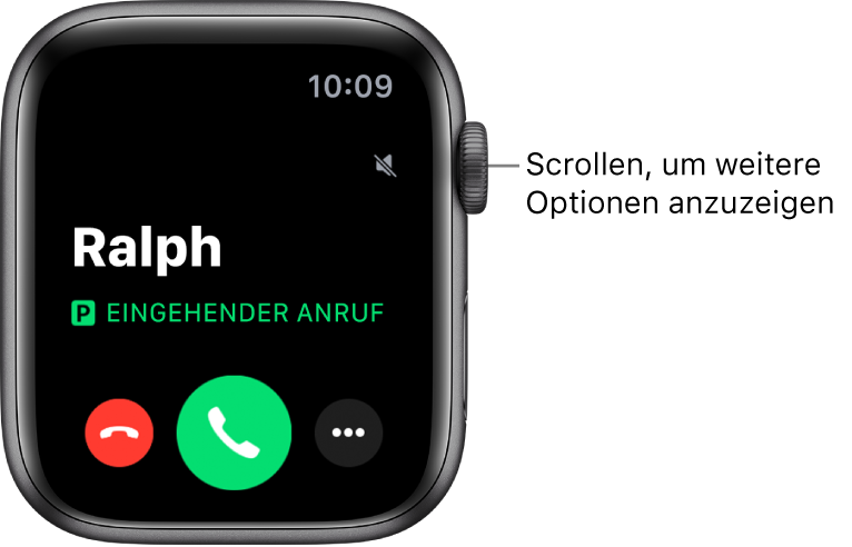 Das Apple Watch-Display, wenn du einen Anruf erhältst: der Name des Anrufers, die Wörter „Eingehender Anruf“ sowie die rote Taste „Ablehnen“, die grüne Taste „Annehmen“ und die Taste „Weitere Optionen“.