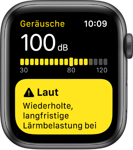 Die App „Geräusche“, die einen Messwert von 100 dB zeigt. Darunter wird eine Warnung angezeigt, die auf die Folgen hinweist, wenn du diesem Geräuschpegel über längere Zeit ausgesetzt bist.