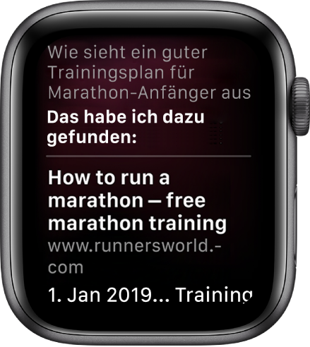 Siri antwortet auf die Frage „Gibt es einen guten Marathontrainingsplan für Anfänger?“ mit einer Antwort aus dem Web.