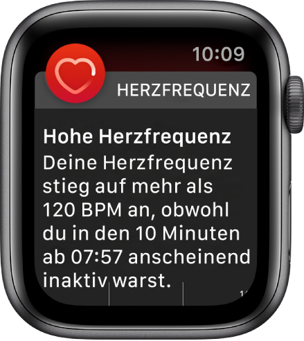 Der Bildschirm „Hohe Herzfrequenz“ mit einem Hinweis, dass die Herzfrequenz während einer 10-minütigen Inaktivität über 120 Schläge pro Minute gestiegen ist.