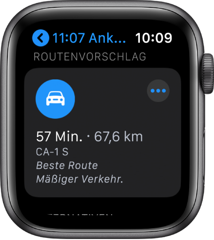 Die App „Karten“ zeigt eine vorgeschlagene Route mit der geschätzten Routenlänge und der Zeit bis zur Ankunft am Ziel. Die Taste „Mehr“ befindet sich oben rechts.