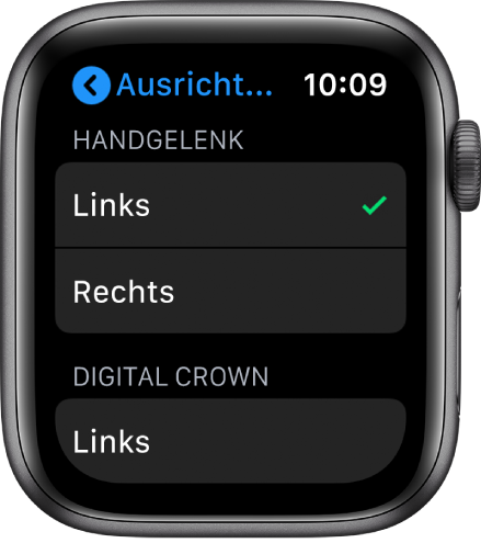 Der Bildschirm „Ausrichtung“ auf der Apple Watch. Du kannst die Einstellungen für Handgelenk und Digital Crown ändern.