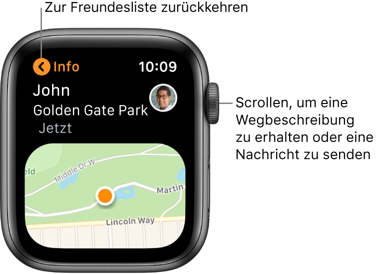 Ein Bildschirm mit Details zum Standort eines Freundes, einschließlich der Entfernung und des Standorts auf einer Karte.