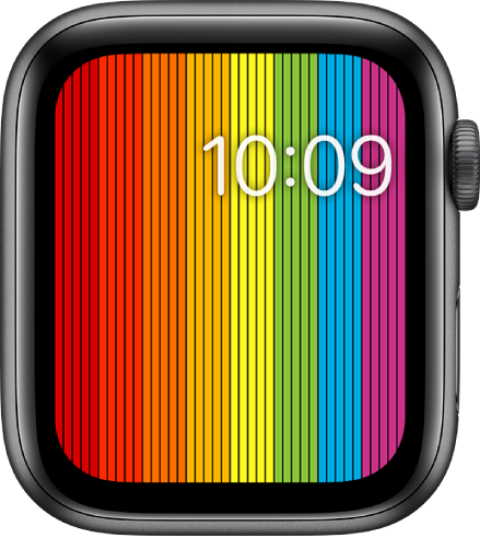 Das Zifferblatt „Pride Digital“ mit vertikalen Regenbogenstreifen und der Uhrzeit oben rechts.