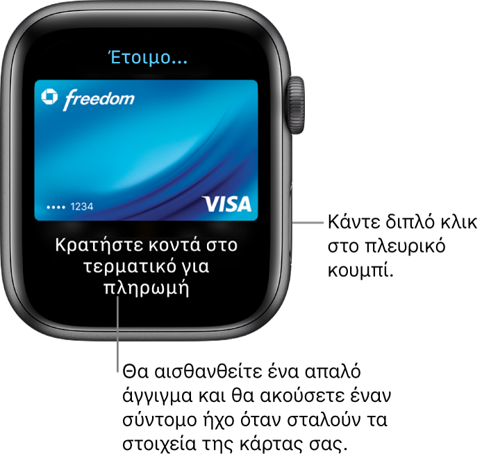 Οθόνη του Apple Pay με την ένδειξη «Έτοιμο» στο πάνω μέρος και την ένδειξη «Πλησιάστε στη συσκευή για πληρωμή» στο κάτω μέρος. Νιώθετε ένα απαλό άγγιγμα και ακούτε έναν ήχο «μπιπ» κατά την αποστολή των στοιχείων της κάρτας σας.