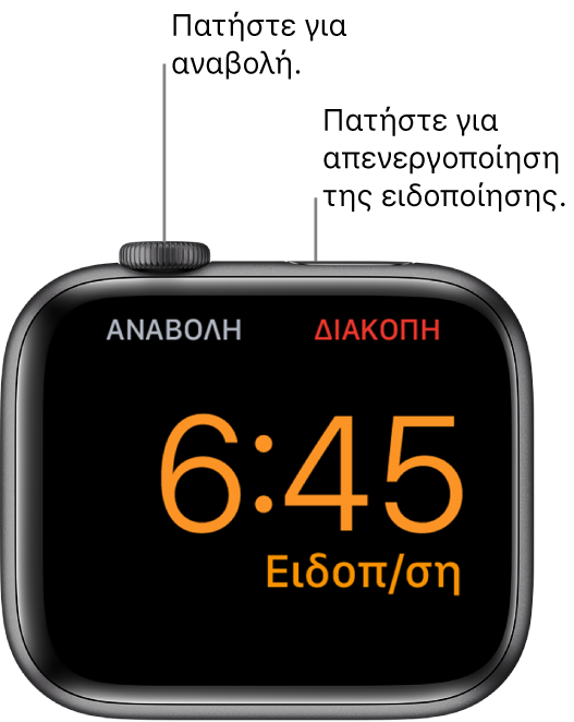 Ένα Apple Watch τοποθετημένο στο πλάι, με την οθόνη να εμφανίζει ένα ξυπνητήρι που έχει χτυπήσει. Κάτω από το Digital Crown εμφανίζεται η λέξη «Αναβολή». Η λέξη «Διακοπή» εμφανίζεται κάτω από το πλευρικό κουμπί.
