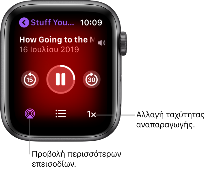 Οθόνη «Παίζει τώρα» στο Podcast όπου φαίνονται ο τίτλος εκπομπής, ο τίτλος επεισοδίου, το κουμπί μετάβασης πίσω κατά 15 δευτερόλεπτα, το κουμπί παύσης, το κουμπί μετάβασης μπροστά κατά 30 δευτερόλεπτα, το κουμπί επεισοδίων, η ένδειξη έντασης ήχου και το κουμπί ταχύτητας αναπαραγωγής.