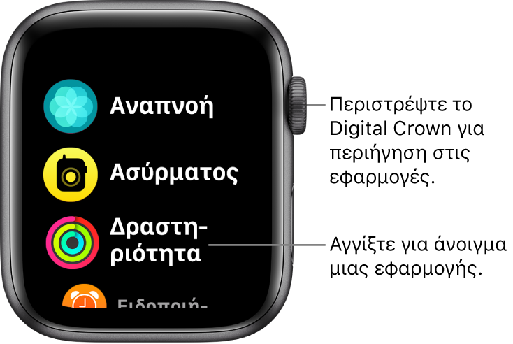 Οθόνη Αφετηρίας σε προβολή λίστας στο Apple Watch, με εφαρμογές σε μια λίστα. Αγγίξτε μια εφαρμογή για να την ανοίξετε. Κάντε κύλιση για να δείτε περισσότερες εφαρμογές.