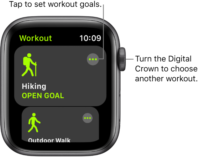 The Workout screen with the Hiking workout highlighted. A More button is at the top right. A portion of the Outdoor Walk workout is below.