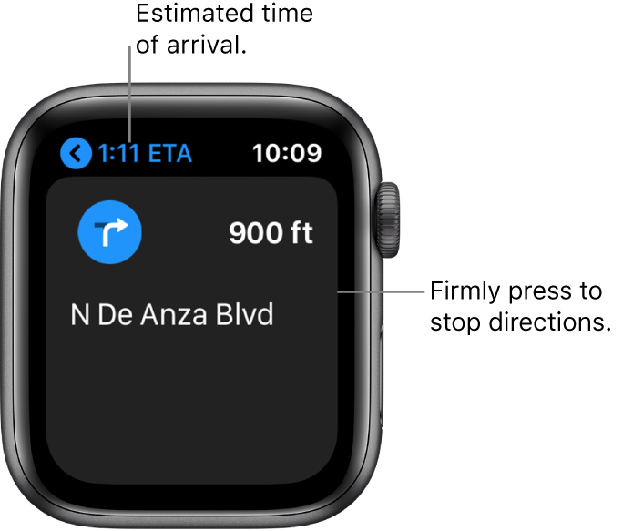 The Maps app showing the estimated time of arrival at the top left, the name of the street where you next turn, and the distance before you make that turn. A callout points to the screen and reads, “Firmly press to stop directions.”