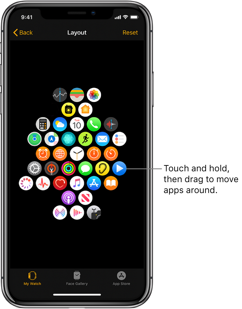 The Layout screen in the Apple Watch app showing a grid of icons. A callout points to an app icon and reads, “Touch and hold, then drag to move apps around.”
