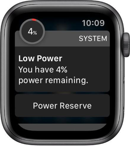 The low power alert includes a button you can tap to enter Power Reserve mode.