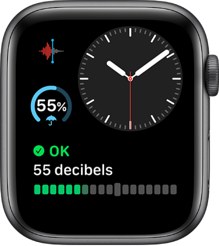 The Modular watch face showing an analog clock near the top right, a Voice Memos complication at the top left, a weather complication at the middle left, and a Noise complication at the bottom.