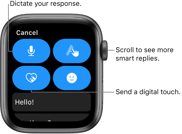 The reply screen showing Dictate, Scribble, Digital Touch, and Emoji buttons. Smart replies are below. Turn the Digital Crown to see more smart replies.