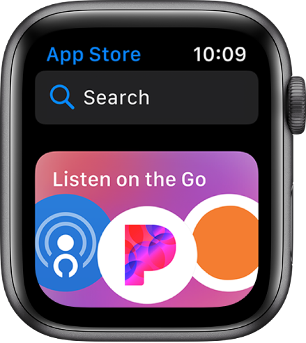 Apple Watch showing the App Store app. A search field appears near the top of the display with an app collection below.