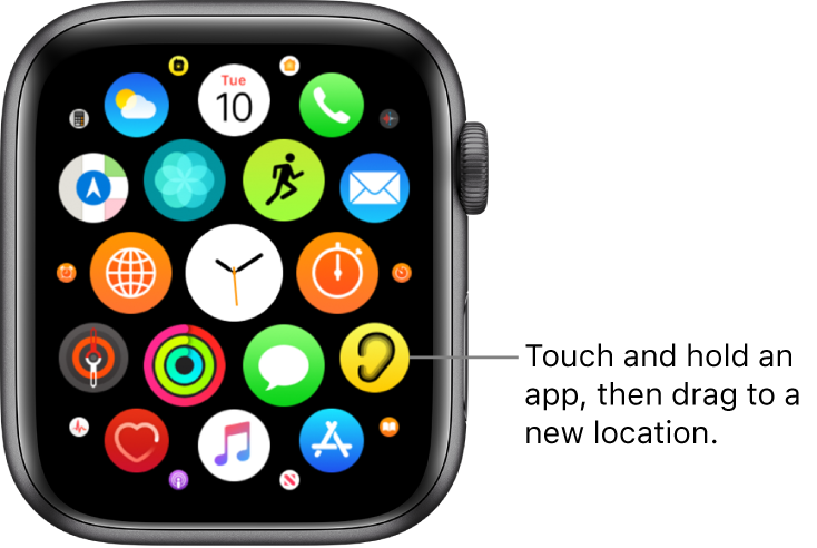 Apple Watch Home screen in grid view. The callout reads “Touch and hold an app, then drag to a new location.”