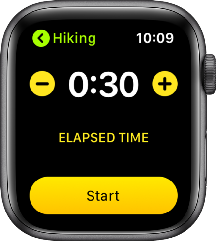 The goal screen showing the time near the top, with – and + buttons on either side, and the Start button at the bottom.