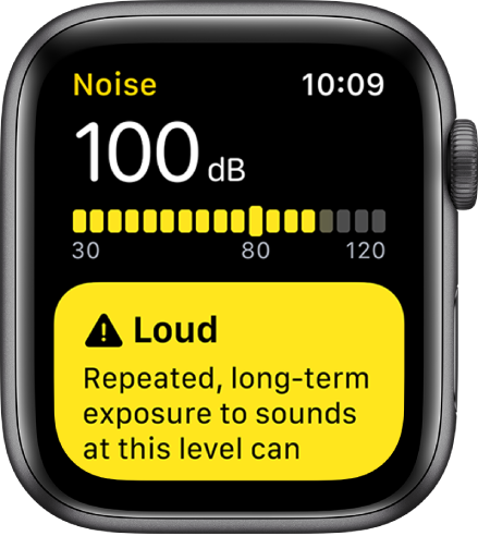 The Noise app showing a reading of 100dB. A warning about long-term exposure to this sound level appears below.